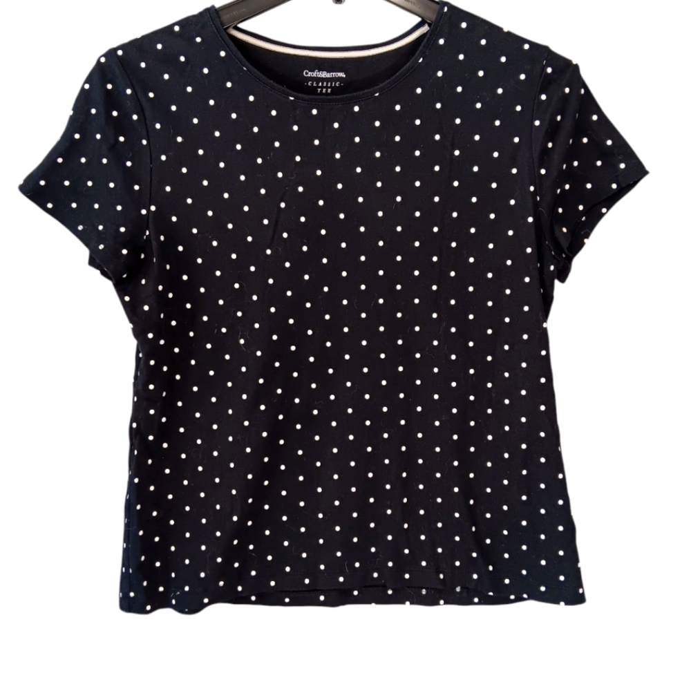 Croft & Barrow Women's Black Short Sleeve Polka-dot Classic Tee Top Size L